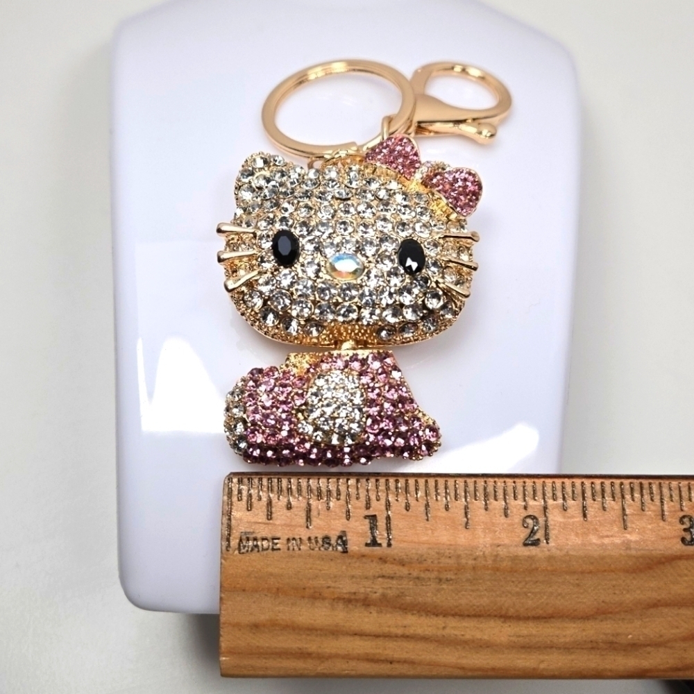 Hello Kitty Rhinestone Keychain Pink and Gold Tone - Picture 4 of 6